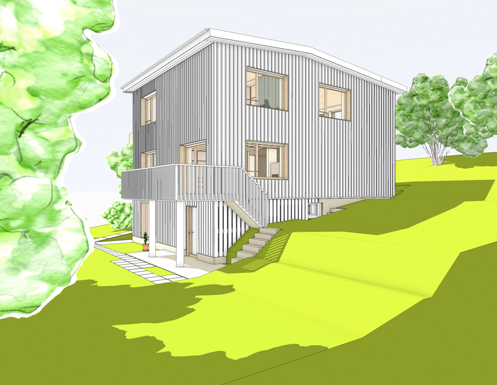 Umbau Erweiterung Einfamlienhaus Affoltern. Visualisierung Hauserweiterung mit neuer weiss gestrichener Holzfassade. Blick vom Garten her. Das Sockelgeschoss wird eine offene Holzschalung erhalten, damit es sich optisch von den Obergeschossen (geschlossenen Schalung) absetzt und den Hauskubus strukturiert. nijo architekten Zürich