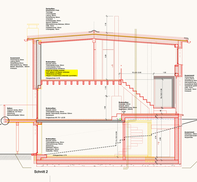 Umbau Einfamilienhaus Affoltern Zürich Nord. Ausführungsplan Längsschnitt mit neuen Treppen, welche einen Weg durchs Haus bilden. Das Haus wird hangseitig geringfügig verlängert. Die Wohnebene ist zwei Stufen höher als die Küchenebene. Im Obergeschoss eine offene Galerie zum Wohnen hinunter. Neue Wärmedämmung Dach Fassade Bodenplatte Kellerwände. Fassade Verkleidung mit weiss gestrichener Holzschalung. nijo architekten Zürich
