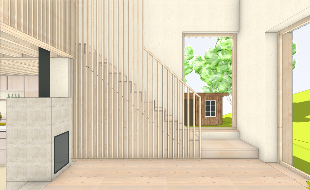 Umbau Erweiterung Einfamilienhaus Affoltern Visualiserung Innenausbau. Wohnraum mit neuer Treppe und offener Galerie. Neue sichtbare Balkendecke. Küche mit Kochinsel. Gartenausgang Schiebefenster. Anhydrit und Holzböden. nijo architekten Zürich