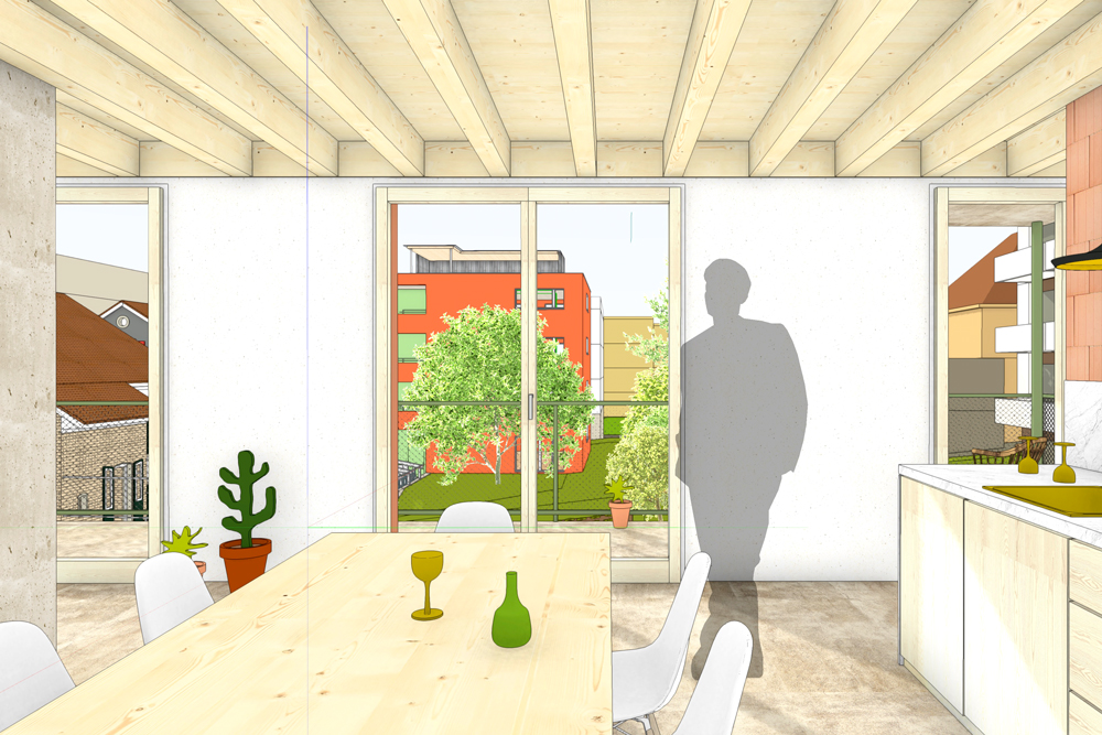 Wallisellen Genossenschaft innere Verdichtung Altbauten und Neubau im Hof. Visualisierung Wohnung im Neubau mit Ausrichtung in den begrünten Hof. Offene Küche offener Grundriss, einfache serielle Holzbauweise mit Hybrid Holz-Beton Decken. nijo architekten Zürich
