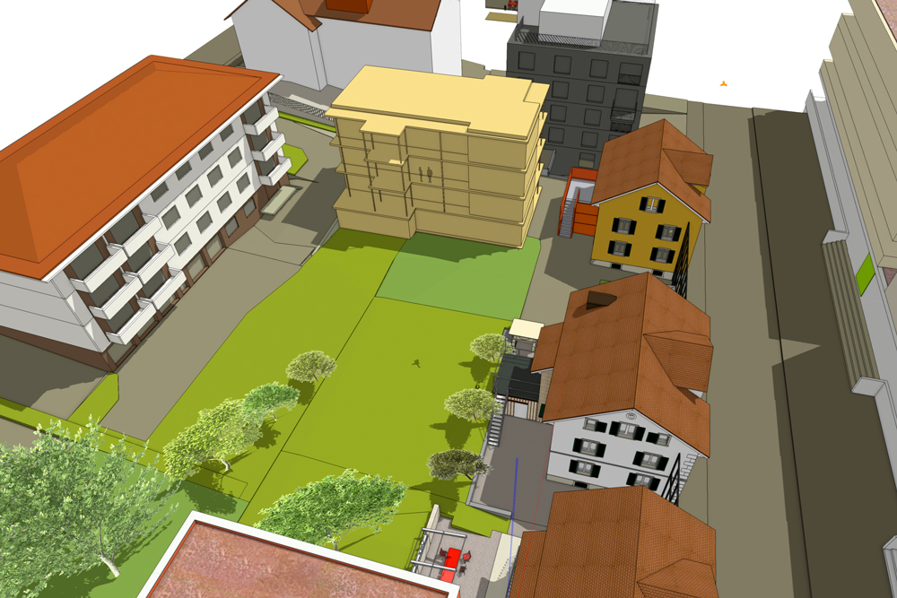 Luftbild der Genossenschaft Neugut an zentraler Lage in Wallisellen. Machbarkeitsstudie innere Verdichtung der Altbauten und Möglichkeit eines Neubaues im rückwärtigen Grünraum. nijo architekten